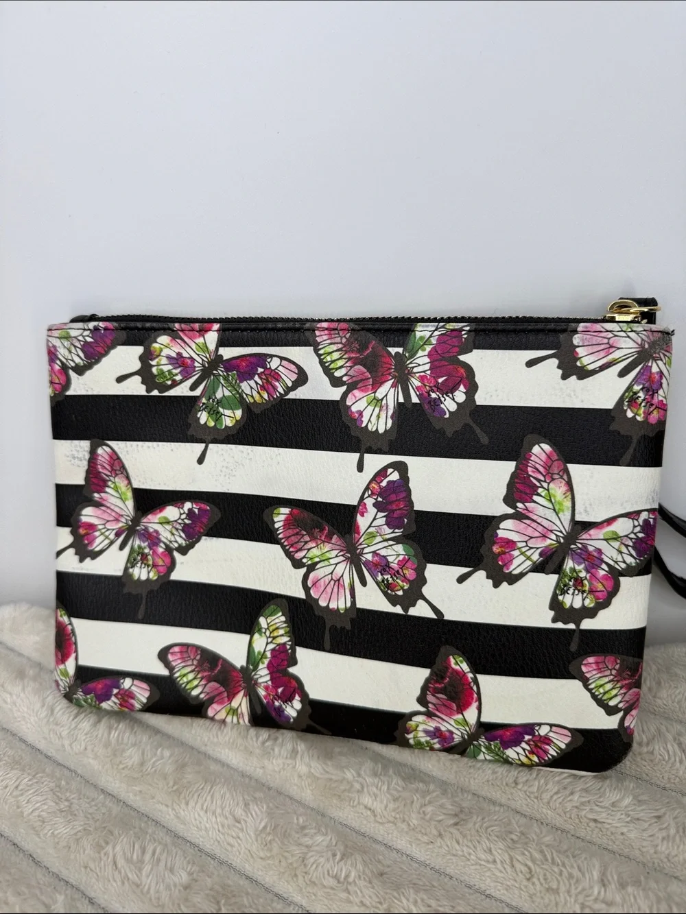 Betsey Johnson Butterfly Stripe Wristlet - Black & White with Pink Accents
